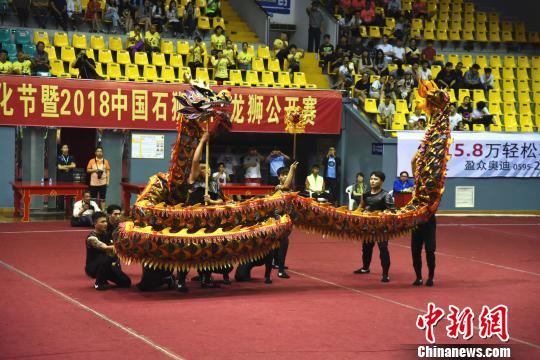 中国石狮国际龙狮公开赛开幕式上的舞狮表演。 陈龙山 摄 海内外18支队伍福建石狮上演“龙狮争霸”